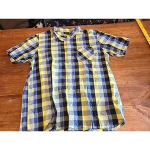 Oakley Mens Button Down Shirt L Yellow Blue Plaid Short Sleeve 100% Cotton